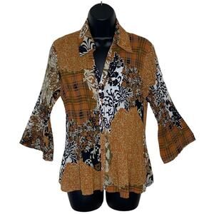 Vtg Fashion Bug Blouse Orange Floral Patchwork Flare‎ Sleeve Y2K Fairy Boho M